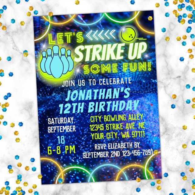 Bowling Strike Up Fun Neon Glow Blue Boys Birthday Invitation (Creator Uploaded)