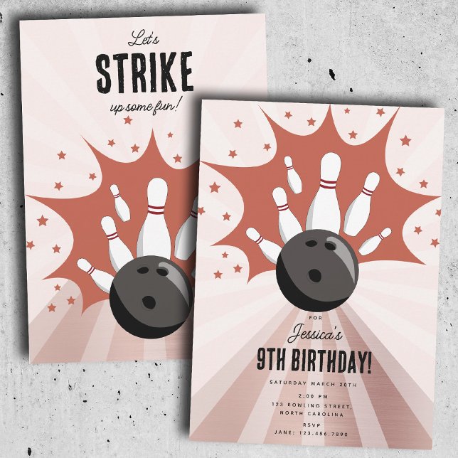 Bowling Strike Up Some Fun Birthday Rose Gold Girl Invitation (Bowling Strike Up Some Fun Birthday Rose Gold Girl Invitation)