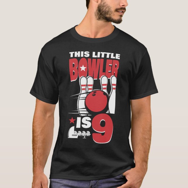 Bowling Team This Little Bowler Is 9 9th Birthday T-Shirt (Front)