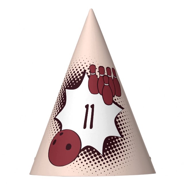 Bowling Theme 11th Birthday Red  Party Hat (Front)