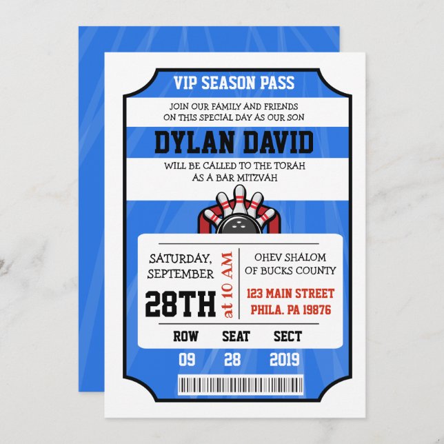 BOWLING TICKET Bar Bat Mitzvah Invitation (Front/Back)