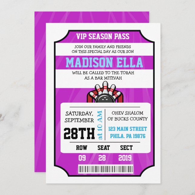 BOWLING TICKET Bar Bat Mitzvah Invitation (Front/Back)