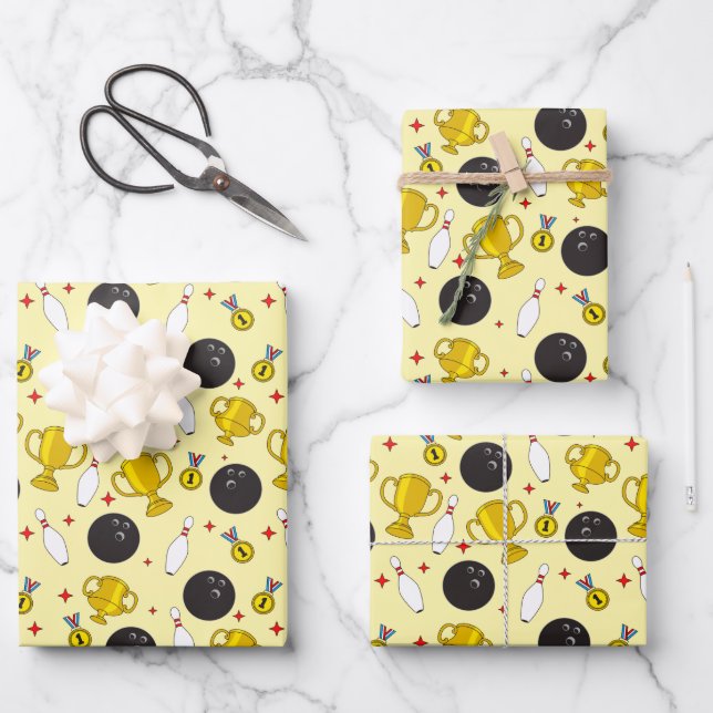 Bowling Tournament Winner Pins Trophy Pattern Wrapping Paper Sheet (Front)