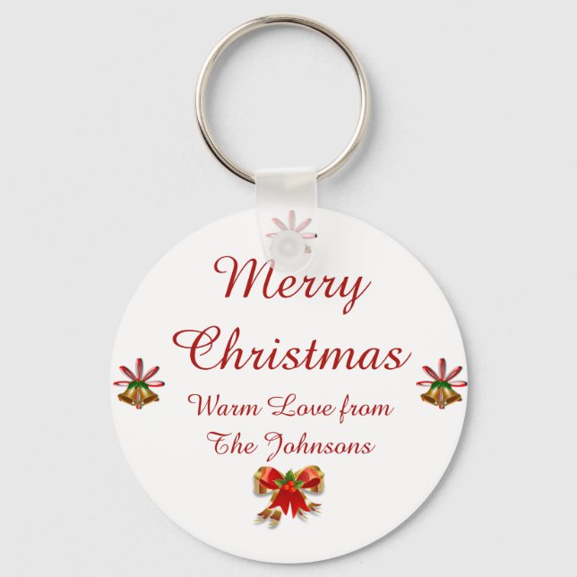 Bows and Bells Merry Christmas Button Key Ring (Front)