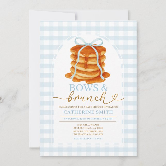 Bows and Brunch Pancake Blue Baby Shower Gingham Invitation (Front)