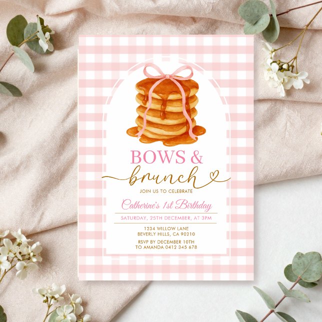 Bows and Brunch Pancake Blue Baby Shower Gingham Invitation (Creator Uploaded)