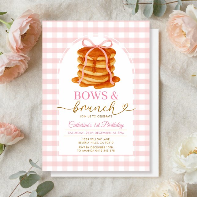 Bows and Brunch Pancake Pink 1st Birthday Gingham Invitation (Creator Uploaded)