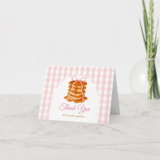 Bows and Brunch Pancake Pink 1st Birthday Gingham Thank You Card