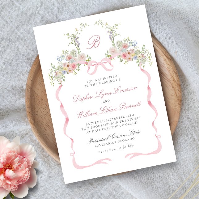 Bows and Wildflowers Wedding Invitation (Monogrammed Bows and Wildflowers Victorian Wedding Invitation
)