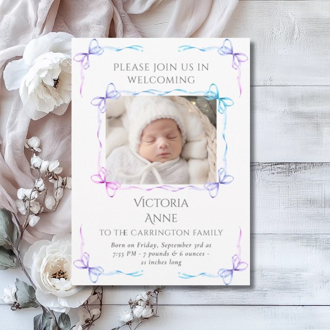 Bows Baby Rainbow Photo Birth Announcement Card (Creator Uploaded)