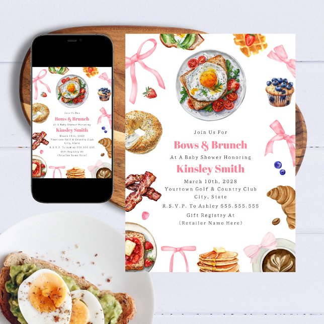 Bows + Brunch Girl Pink Baby Shower Breakfast  Invitation (Creator Uploaded)