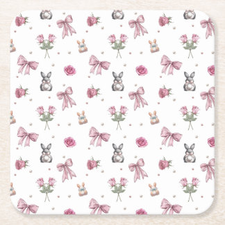 Bows, Bunnies and Flowers Square Paper Coaster