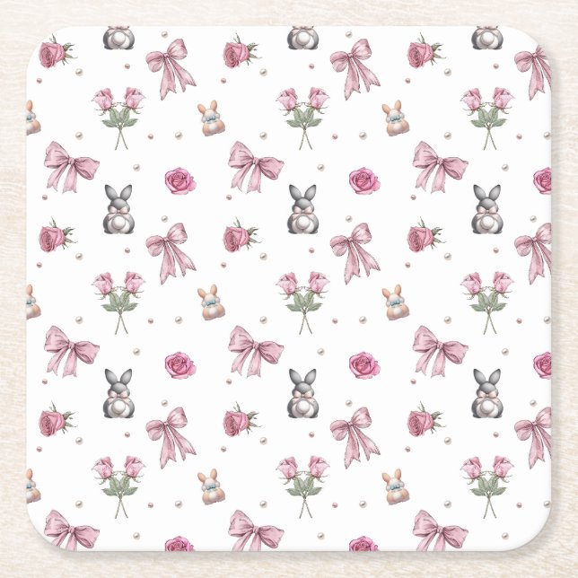 Bows, Bunnies and Flowers Square Paper Coaster (Front)