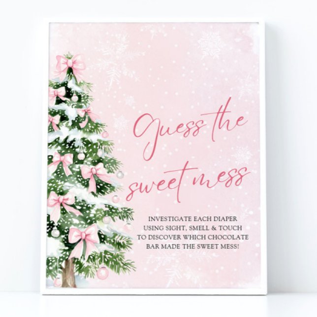 Bows Christmas Baby Shower Guess the Sweet Mess Poster (Pink Bows Christmas Baby Shower Guess the Sweet Mess Sign)