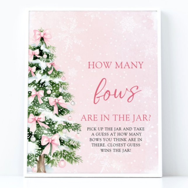 Bows Christmas Guess How Many Bows Baby Shower  Poster (Pink Bows Christmas Guess How Many Bows Baby Shower Sign)