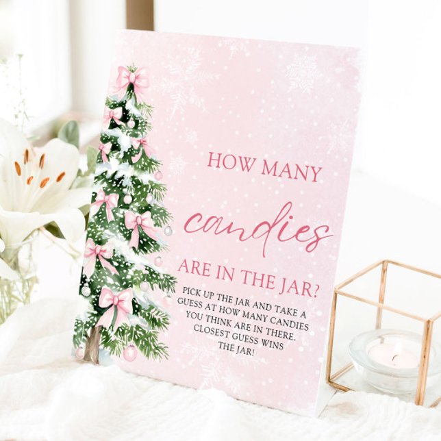 Bows Christmas Guess How Many Candies Baby Shower  Pedestal Sign (Pink Bows Christmas Guess How Many Candies Baby Shower Sign)