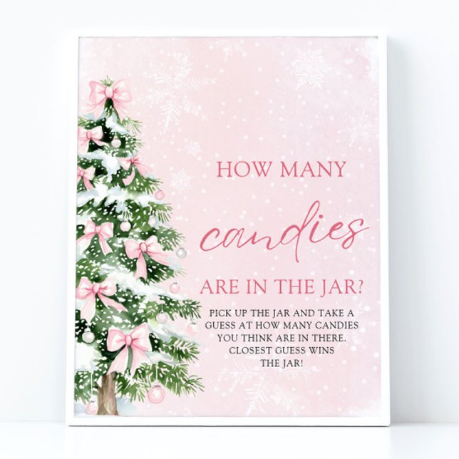 Bows Christmas Guess How Many Candies Baby Shower  Poster (Pink Bows Christmas Guess How Many Candies Baby Shower Sign)