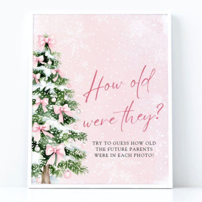 Bows Christmas How Old Were They Baby Shower Game Poster (Pink Bows Christmas How Old Were They Baby Shower Game Sign)