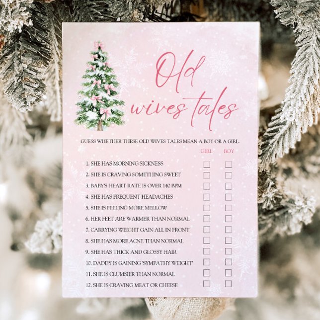 Bows Christmas Old Wives Tales Baby Shower Game Invitation (Pink Bows Christmas Old Wives Tales Baby Shower Game)