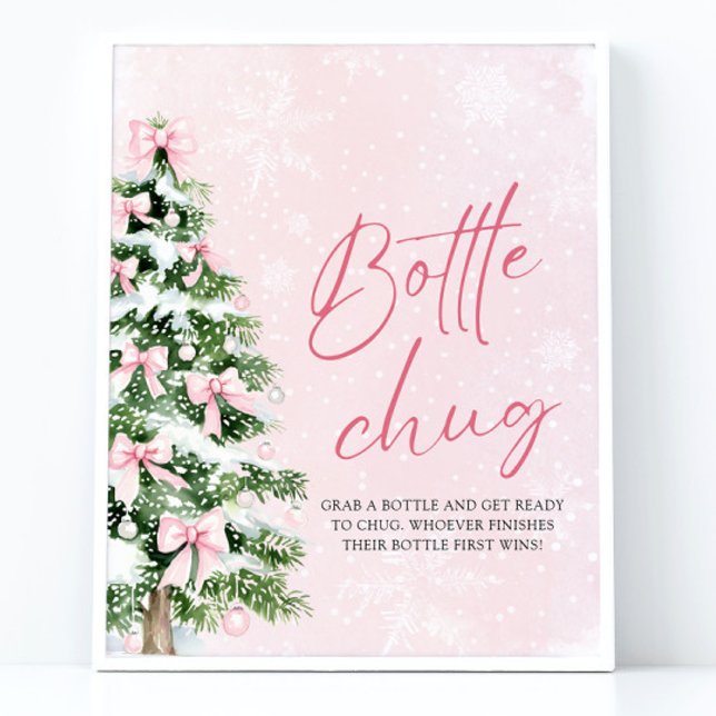Bows Christmas Tree Baby Shower Bottle Chug Sign (Pink Bows Christmas Tree Baby Shower Bottle Chug Sign)