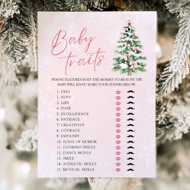 Bows Christmas Tree Baby Traits Baby Shower Game Invitation (Pink Bows Christmas Tree Baby Traits Baby Shower Game )
