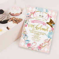 Bows Pink Alice Onederland 1st Birthday Invitation