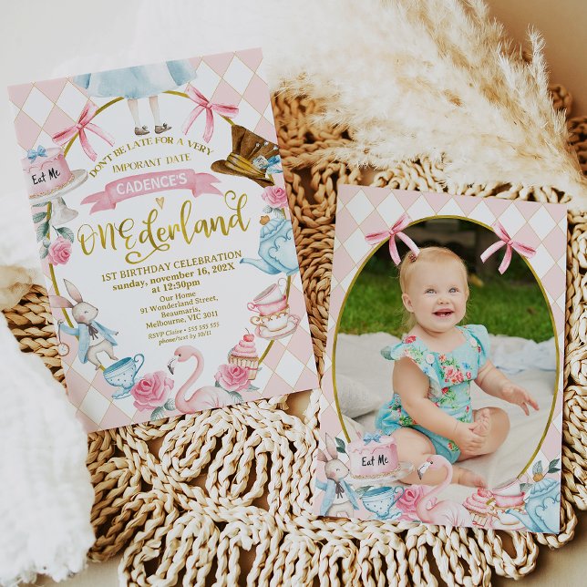 Bows Pink Photo Alice Onederland 1st Birthday Invitation (Pink Bows Alice Onederland 1st Birthday Invitation Girl Pink, Onederland Birthday Invitation Pink)