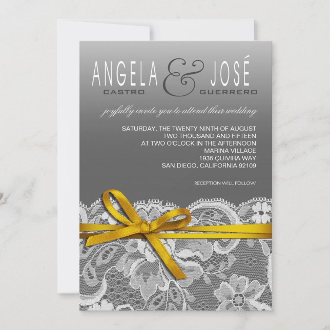 Bows Ribbon & Lace Wedding | grey yellow Invitation (Front)
