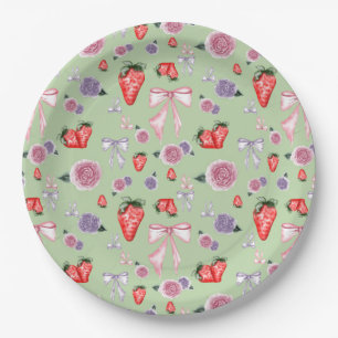 Bows, Roses & Strawberries Coquette Pattern Paper Plate