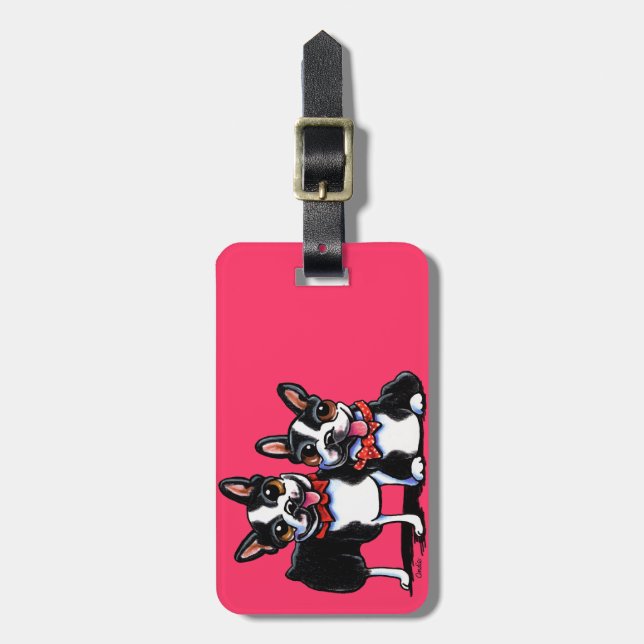 Bowtie Boston Terriers Off-Leash Art™ Luggage Tag (Front Vertical)