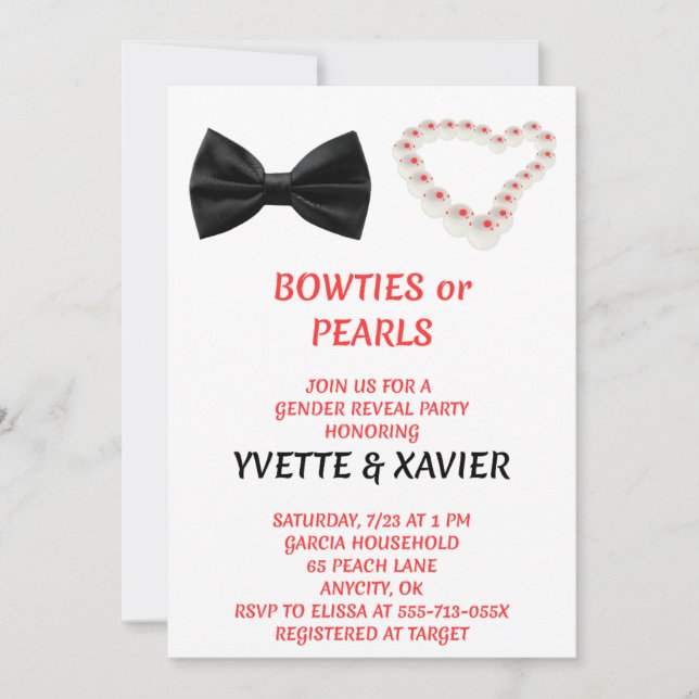 Bowties or Pearls Gender Reveal Invitation (Front)