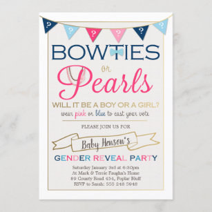 Bowties or Pearls Gender Reveal Party Invitation