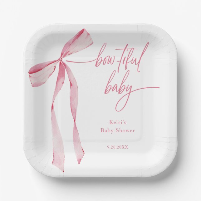 Bowtiful Watercolor Blush Pink Baby Shower Paper Plate (Front)