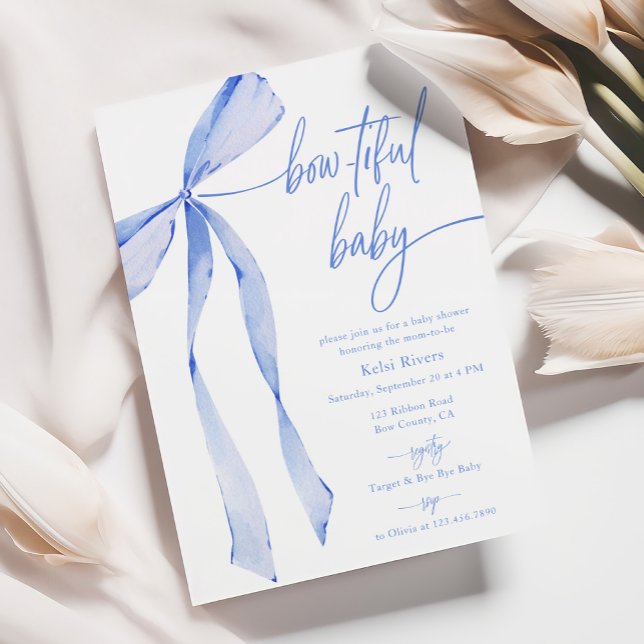 Bowtiful Watercolor Pastel Blue Baby Shower Invitation (Creator Uploaded)
