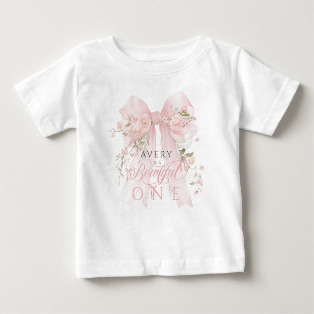 Bowtiiful One 1st Birthday Floral Bow Girls Baby T-Shirt (Front)