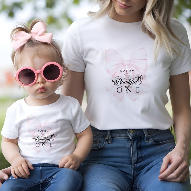 Bowtiiful One 1st Birthday Pink Bow Girls Baby T-Shirt (Creator Uploaded)