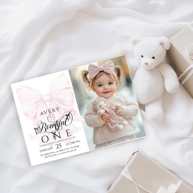 Bowtiiful One 1st Birthday Pink Bow Girls Photo Invitation (Creator Uploaded)