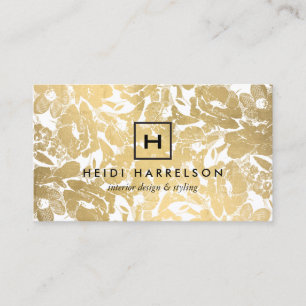 Box Logo Monogram with Faux Gold Floral Pattern Business Card