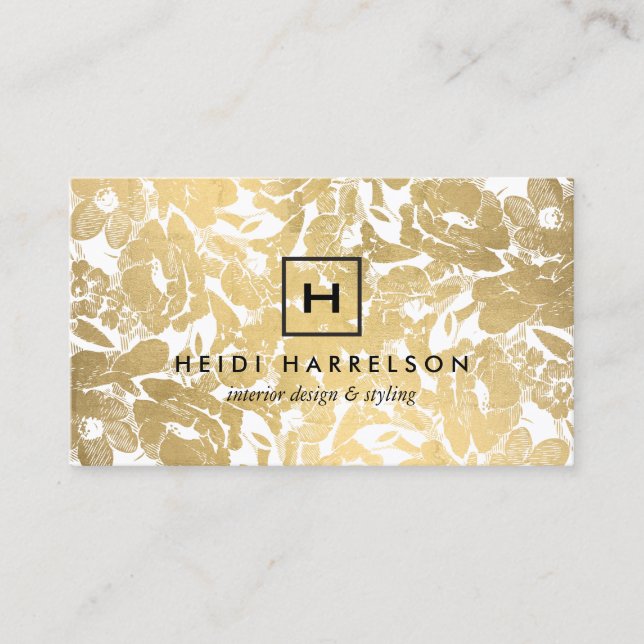 Box Logo Monogram with Faux Gold Floral Pattern Business Card (Front)
