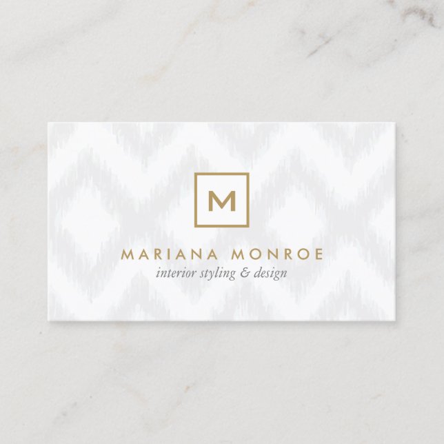 BOX LOGO with YOUR INITIAL/MONOGRAM on Grey Ikat Business Card (Front)