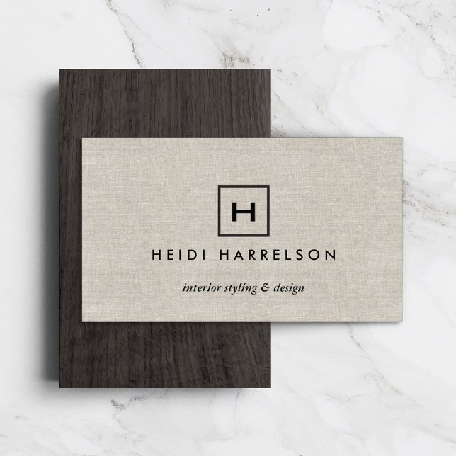 BOX LOGO with YOUR INITIAL/MONOGRAM on TAN LINEN Business Card (Creator Uploaded)