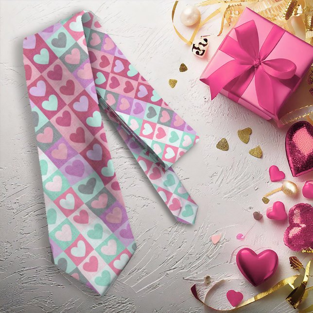 Boxed Hearts Pattern Aqua/Pink ID629 Tie (Creator Uploaded)