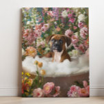 Boxer Art | Boxer Art Bathroom Canvas Print<br><div class="desc">Art featuring a playful Boxer enjoying a relaxing bath full of bubbles and beautiful flowers. This charming artwork adds a touch of warmth and personality to your space,  making it feel more inviting and joyful.</div>