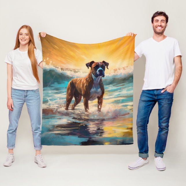 Boxer Beach Surfing Painting Fleece Blanket (In Situ)