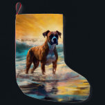 Boxer Beach Surfing Painting Small Christmas Stocking<br><div class="desc">Immerse yourself in the playful world of canine adventure with this captivating painting. A spirited dog takes to the waves, skilfully riding the surf on a sun-kissed beach. The vibrant artwork beautifully captures the essence of beachside excitement as the dog fearlessly rides the waves, embodying the spirit of fun and...</div>