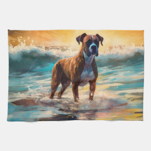 Boxer Beach Surfing Painting Tea Towel