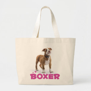 Boxer Brown And White Puppy Dog Purple Love Large Tote Bag