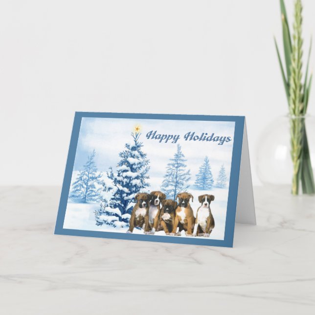 Boxer Christmas Blue Tree Greeting Card (Front)