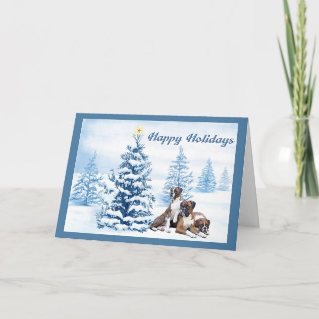 Boxer Christmas Blue Tree Greeting Card (Front)