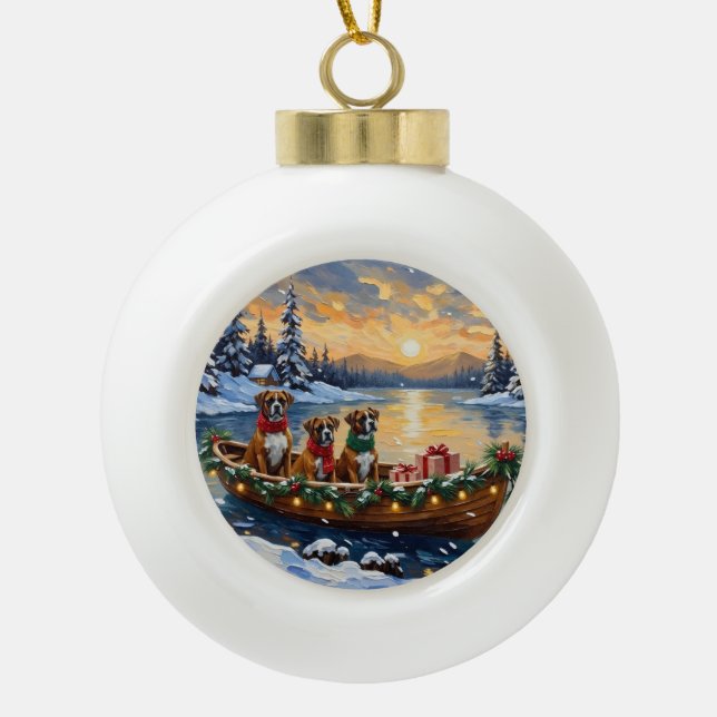 Boxer Christmas Boat Holiday Ceramic Ball Christmas Ornament (Front)